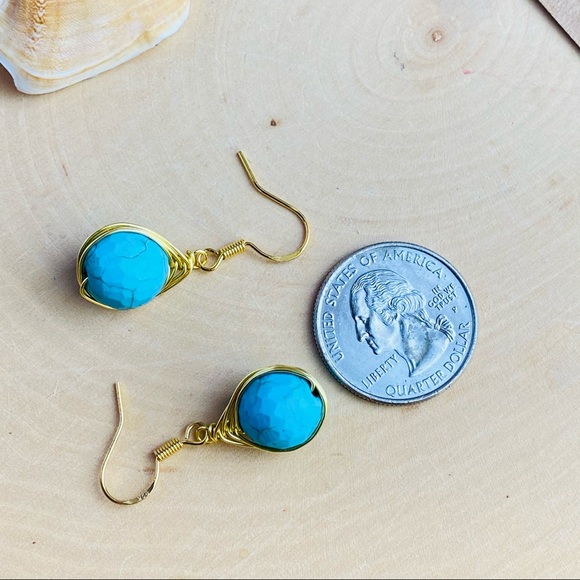Turquoise Earrings Wire wrapped Gold Dangle - Picture 6 of 6